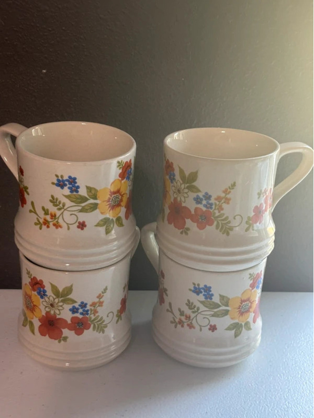 Vintage “Sweet Flowers" Bake, Serve 'n Store stoneware coffee set of 4 mugs